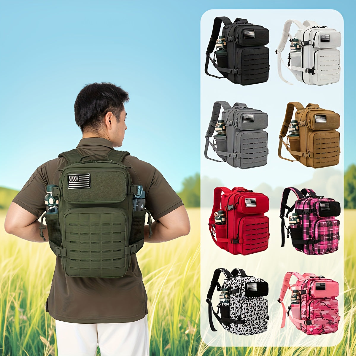 MOLLE Travel Backpack 6.6 Gallon, Tactical-Style Daypack with 180° Flat Opening, Laptop Compartment and Dual Cup Holders for Hiking and Gym Trips