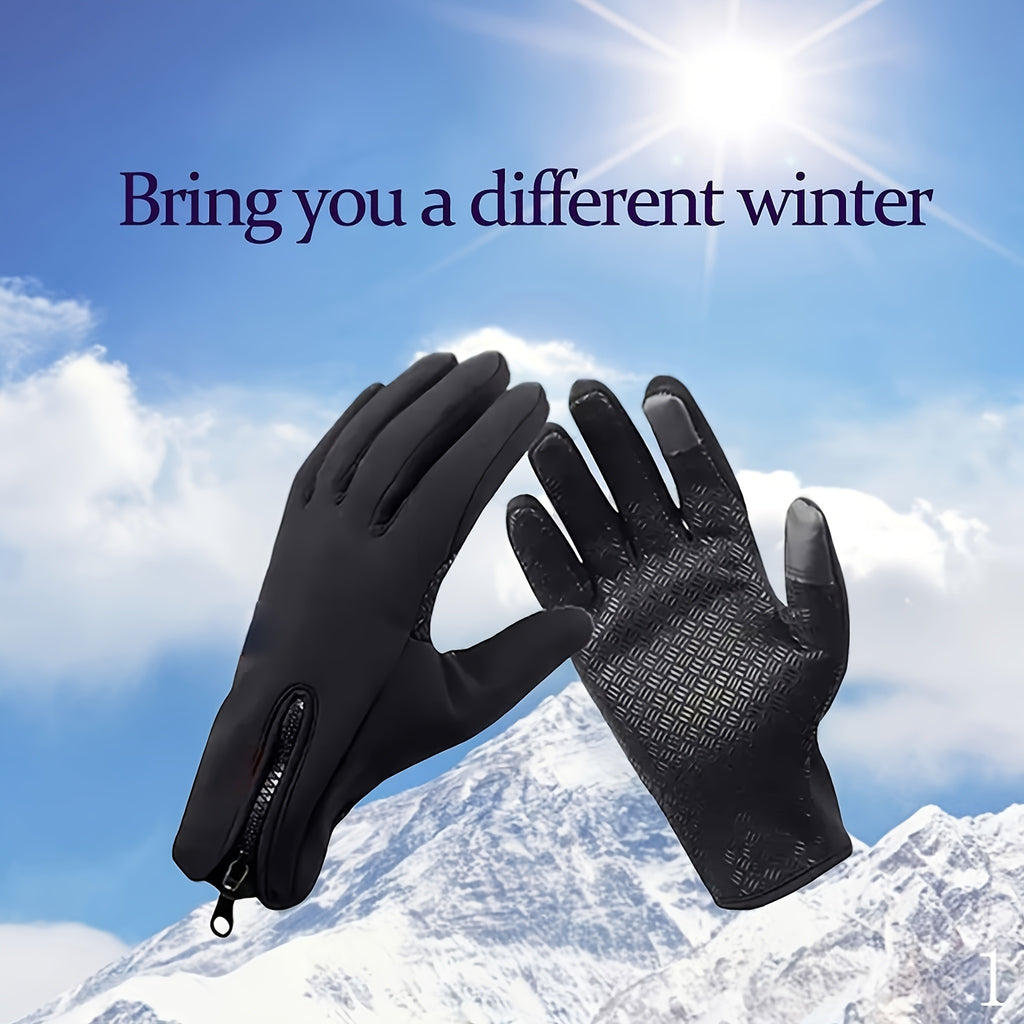 Zipper Winter Gloves for Men and Women, Thermal-Lined Touchscreen Gloves in Black Polyamide Knit for Cold-Weather Outdoor Activewear, M–XL