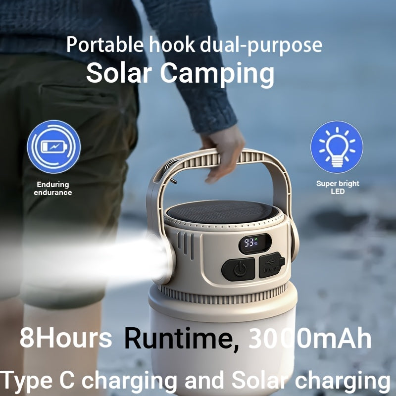 6-Mode Solar Camping Light with USB-C Charging, Hanging Hook and Battery Display, Portable Rechargeable LED Lamp with Phone Backup Power