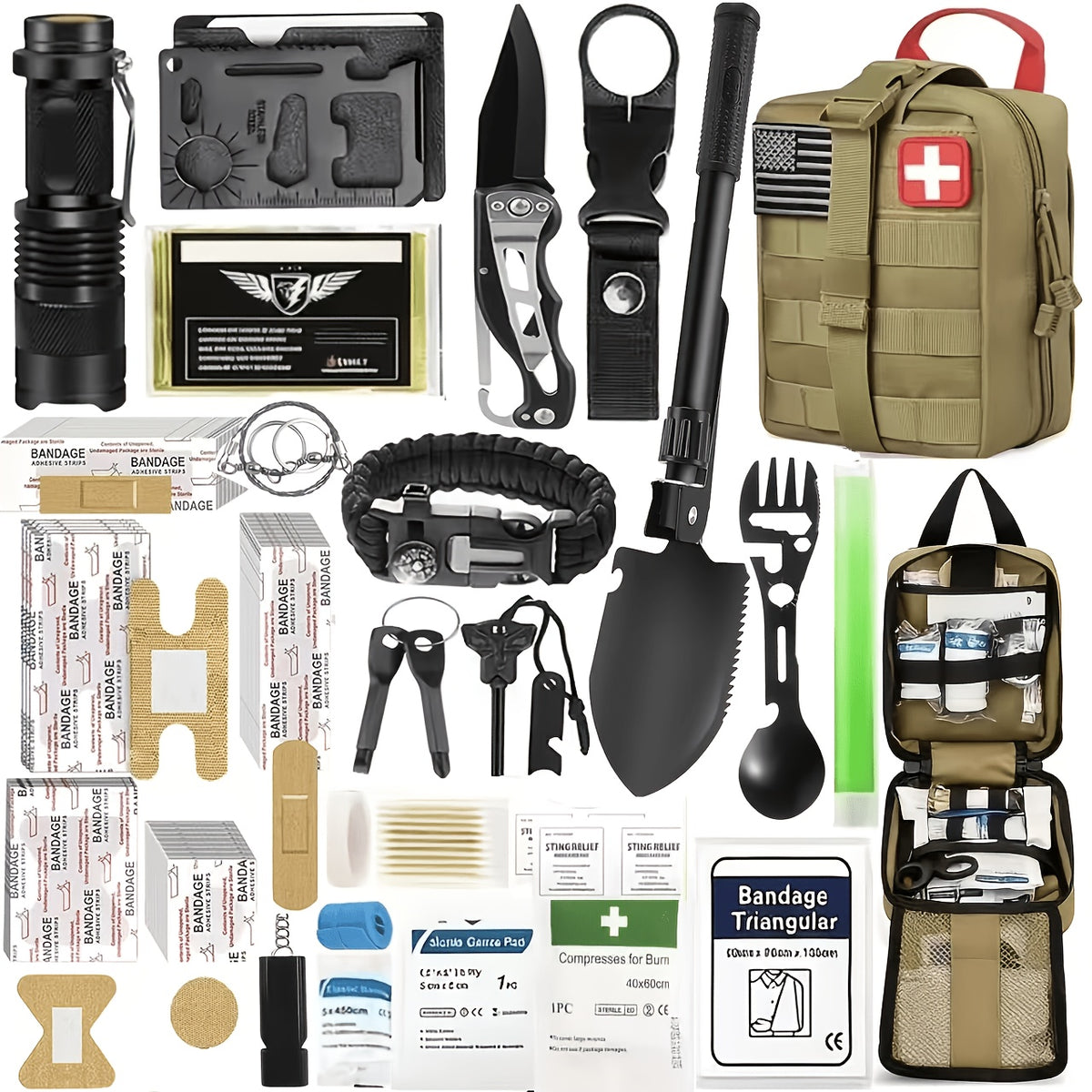 217-Piece Survival Kit with First Aid Supplies and Tools in MOLLE Storage Bag, Emergency Preparedness Set for Home and Outdoor Use