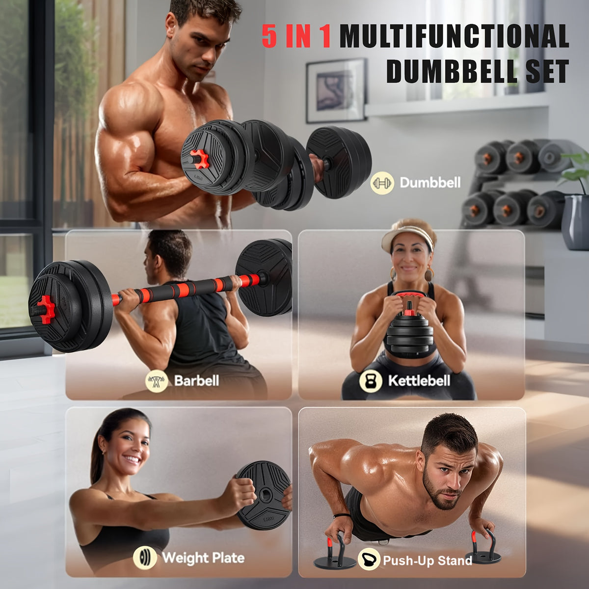 5-in-1 Adjustable Dumbbell Weight Set for Home Gym Strength Training, Dumbbell, Barbell, Kettlebell and Push-Up Rack Configurations for Men and Women