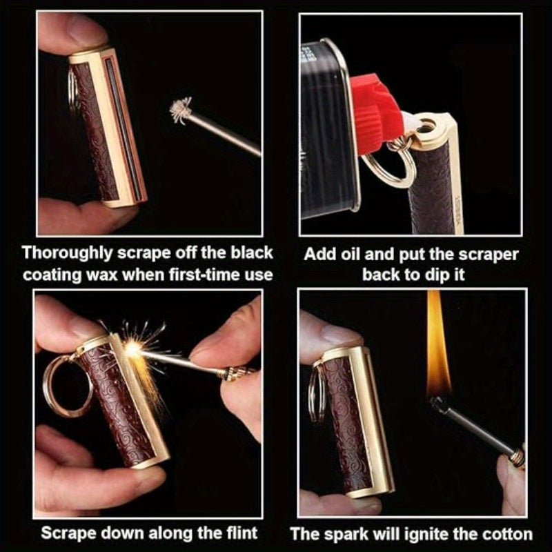 Metal Matchstick Fire Starter Keychain, Permanent Match Lighter with Decorative Textured Case for Adult Camping and Hiking Gifts, Fuel Not Included