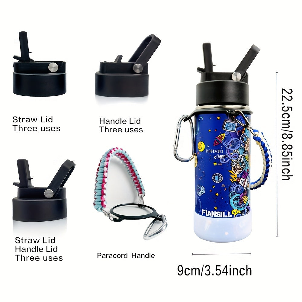 16oz Student Insulated Water Bottle, Stainless Steel Vacuum Flask with One-Hand Lid, Carry Strap and Seven Designs for School and Outdoor Trips