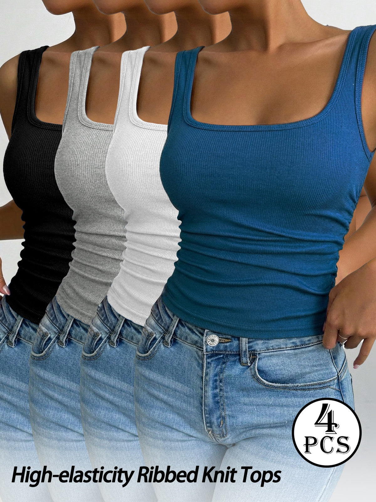 Women's Square Neck Ribbed Tank Tops 4-Pack, Fitted Sleeveless Shirts with Wide Straps in Mixed Solid Colors for Casual Layering and Everyday Wear