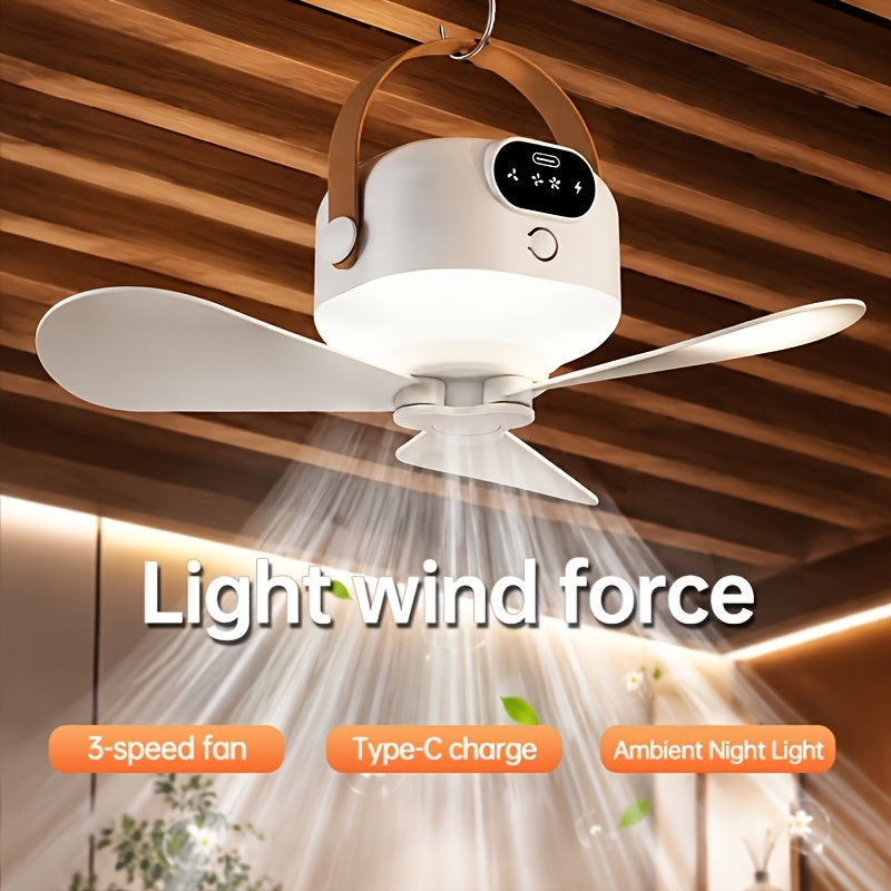 Tent Ceiling Fan with LED Illumination, Rechargeable Portable Camping Fan with 3 Removable Blades and 3 Speeds for RVs, Gazebos and Dorm Rooms