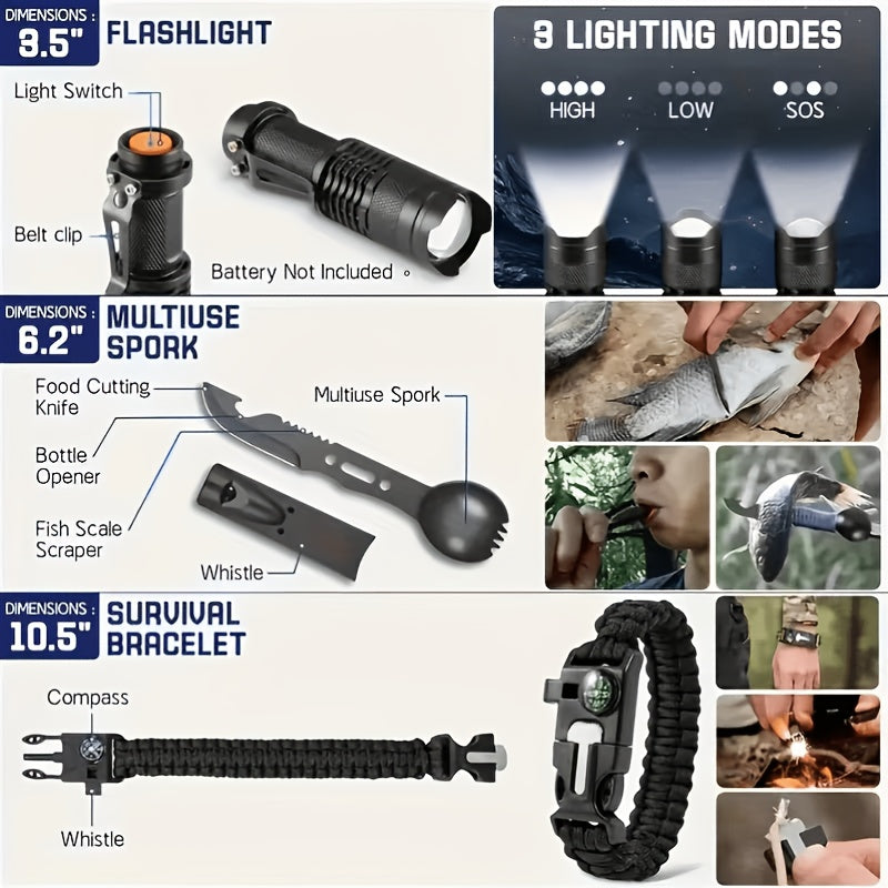 Outdoor Survival Gear Kit with Fire Starter, Compass and Multi-Tools for Camping, 13-in-1 or 258-in-1 Labeled Options and Gift Ideas