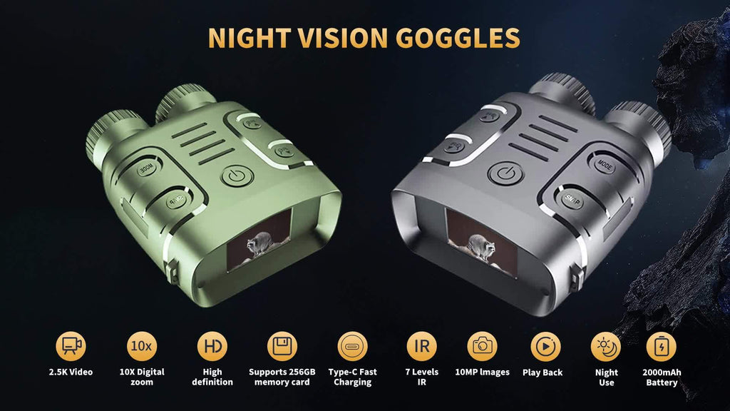 2.5K Night Vision Binoculars with 10x Zoom and 2.4-Inch Display, Photo and Video Capture for Wildlife Observation, Hunting and Ranch Monitoring