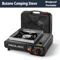 Camping Stove Set with Windshield and Carrying Case, Portable Outdoor Cooking Equipment in Black or Red for Campsite Meals and Picnic Setups