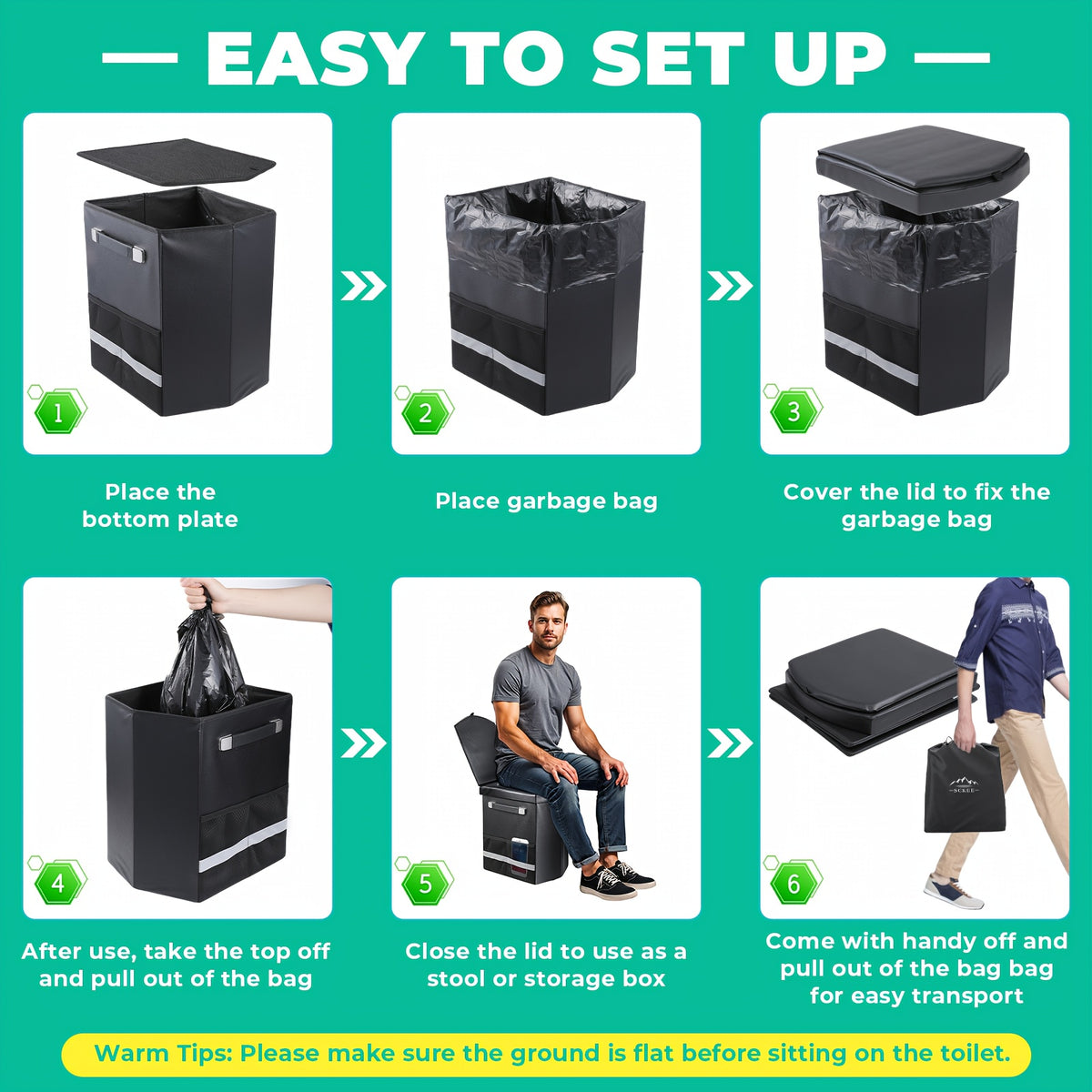 XL Camping Toilet for Adults, 16.5-Inch Tall Portable Potty with Lid and Carry Bag, Black Side Mesh Pocket and Handle for Outdoor Trips