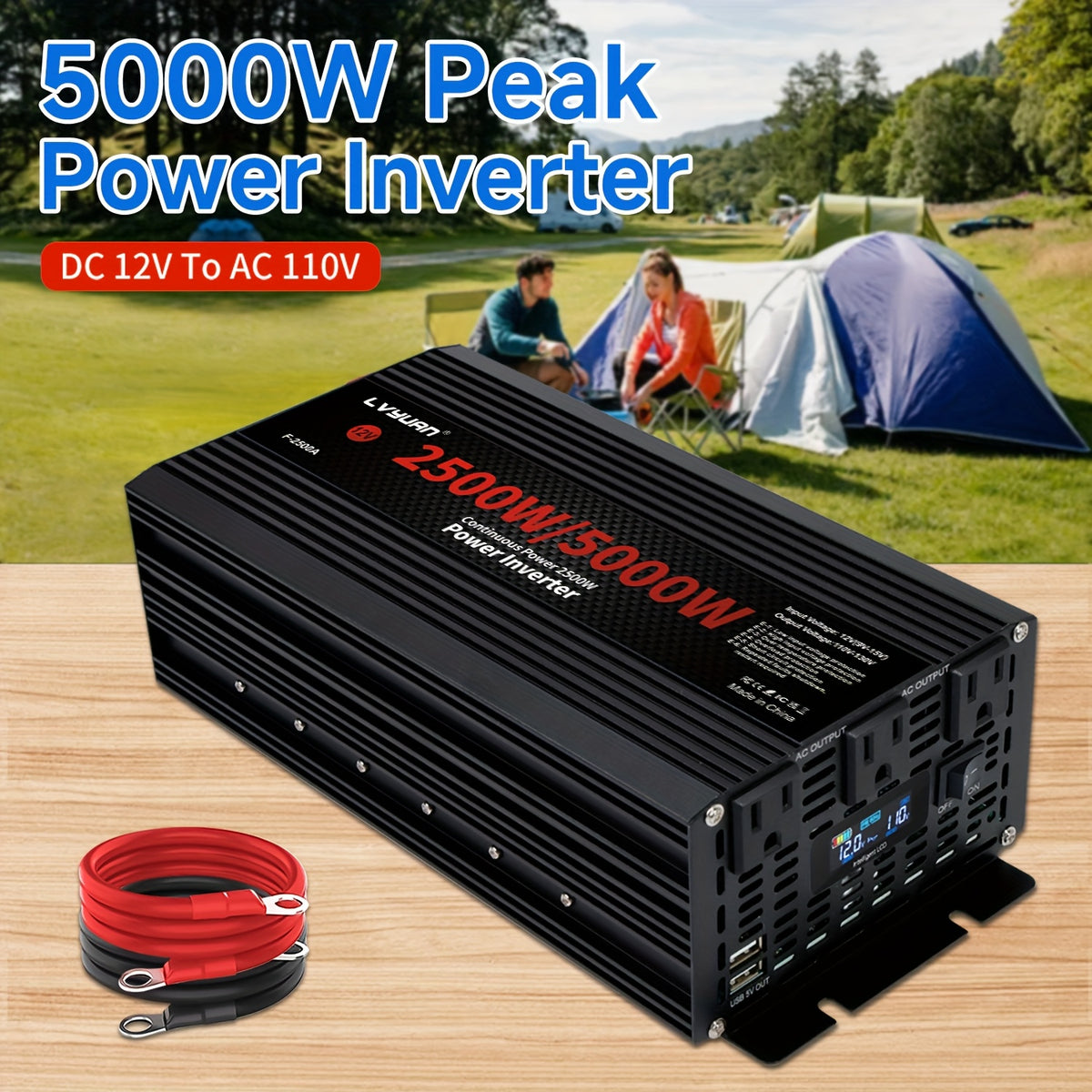 Portable Power Inverter, LVYUAN 12V DC to 110V/120V AC Converter with 500W or 2500W Options, 3 AC Outlets, Dual USB Ports and LED Display